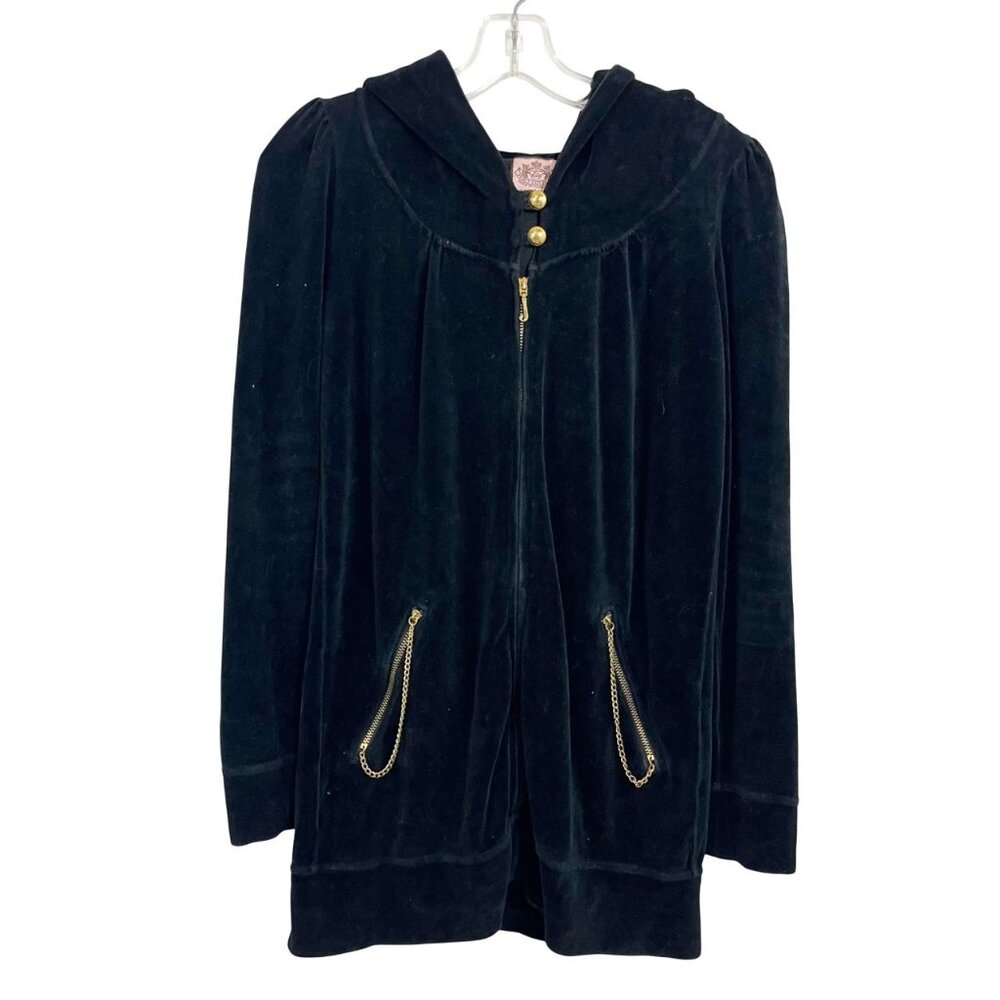 Juicy Couture Black Velour Full Zip Jacket Hoodie‎ Puff Shoulder Y2K - Size P